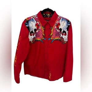 Vintage Ed Hardy Tattoo Flash Shirt Skull Flames – Christian Audigier M